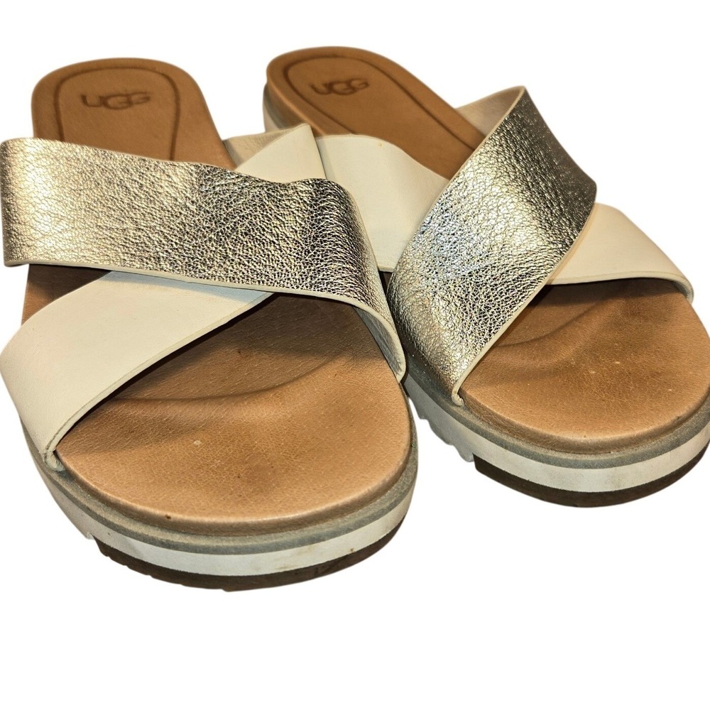 UGG Kari White Metallic Silver Leather Crisscross Slide Sandals 1018901 W 6 - Picture 1 of 8